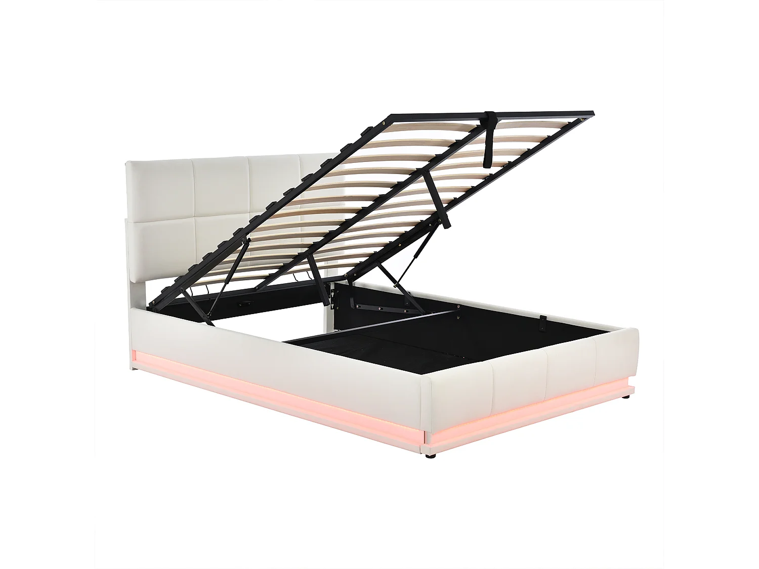 Lit coffre 140x190 avec LED, tête de lit réglable, lit 140x190 avec sommier à lattes, cadre de lit double 140x190, tissu en PU, blanc