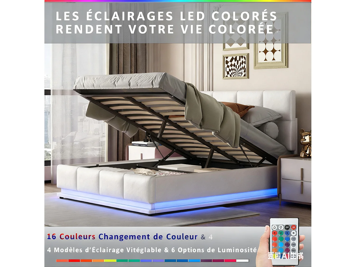 Lit coffre 140x190 avec LED, tête de lit réglable, lit 140x190 avec sommier à lattes, cadre de lit double 140x190, tissu en PU, blanc