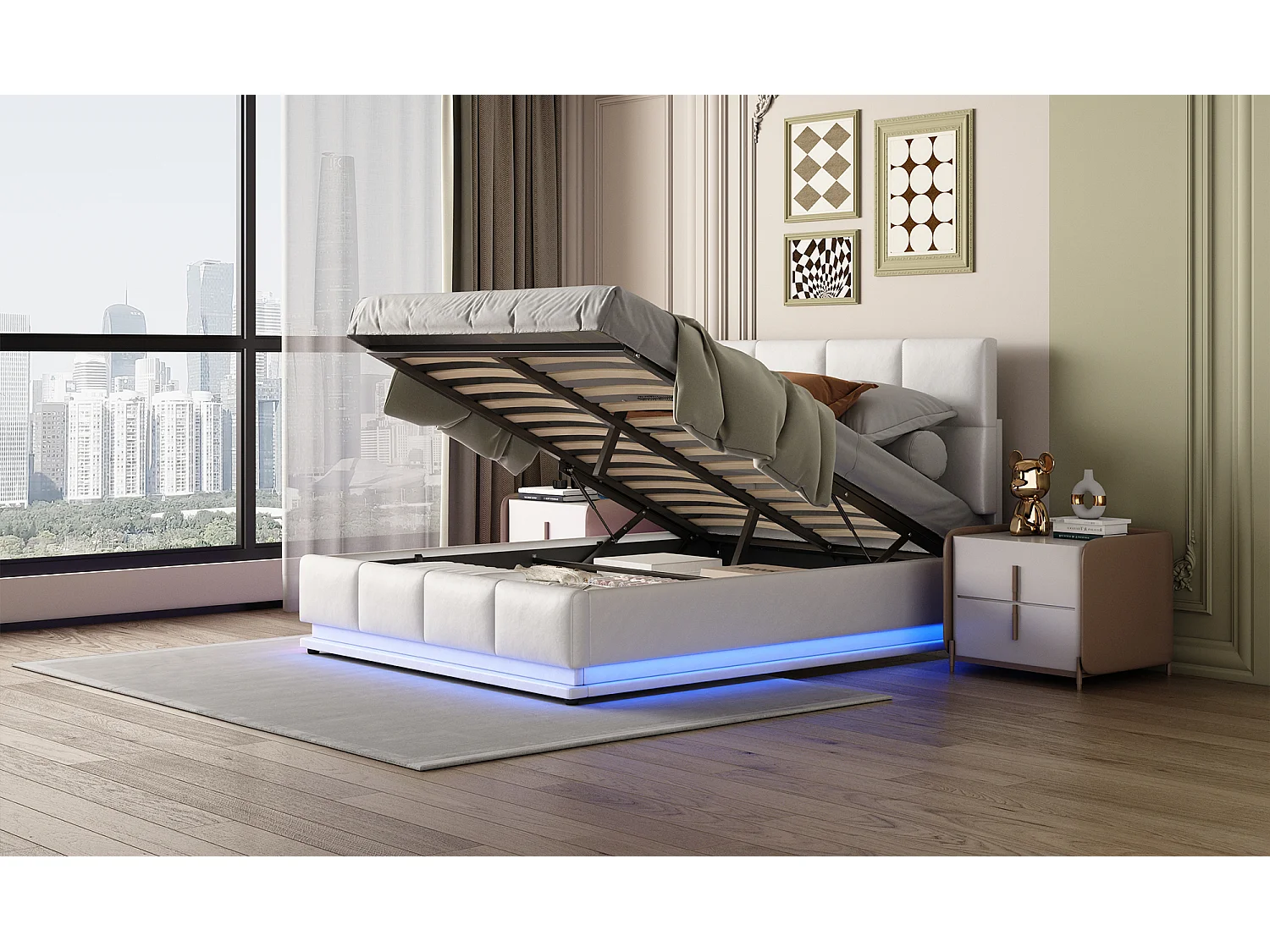 Lit coffre 140x190 avec LED, tête de lit réglable, lit 140x190 avec sommier à lattes, cadre de lit double 140x190, tissu en PU, blanc