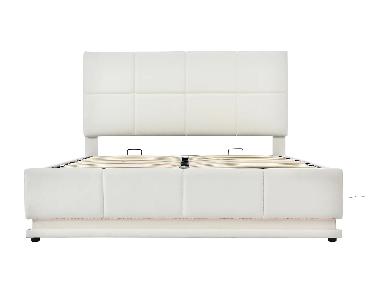 Lit coffre 140x190 avec LED, tête de lit réglable, lit 140x190 avec sommier à lattes, cadre de lit double 140x190, tissu en PU, blanc