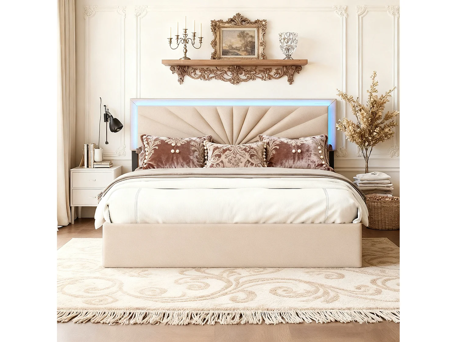 Lit adulte 160x200 avec sommier à lattes, lit 160x200 avec LED et 4 tiroirs, cadre de lit double 160x200, tissu en lin, beige