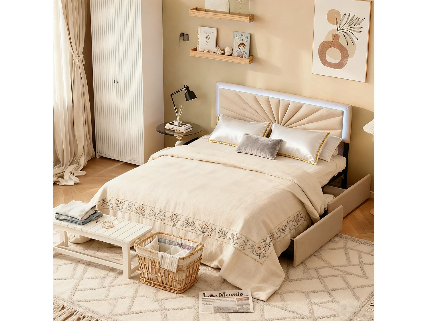 Lit adulte 160x200 avec sommier à lattes, lit 160x200 avec LED et 4 tiroirs, cadre de lit double 160x200, tissu en lin, beige