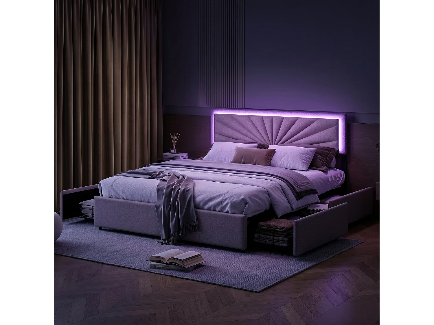 Lit double 160x200 cm avec sommier à lattes, LED et 4 tiroirs, cadre de lit adulte en tissu lin beige