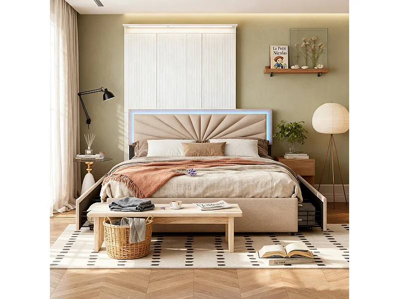 Lit adulte 160x200 avec sommier à lattes, lit 160x200 avec LED et 4 tiroirs, cadre de lit double 160x200, tissu en lin, beige