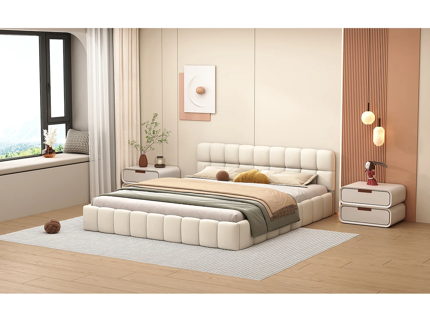 Lit adulte 140x190 cm avec sommier à lattes, tête de lit capitonnée en tissu lin beige, style crème