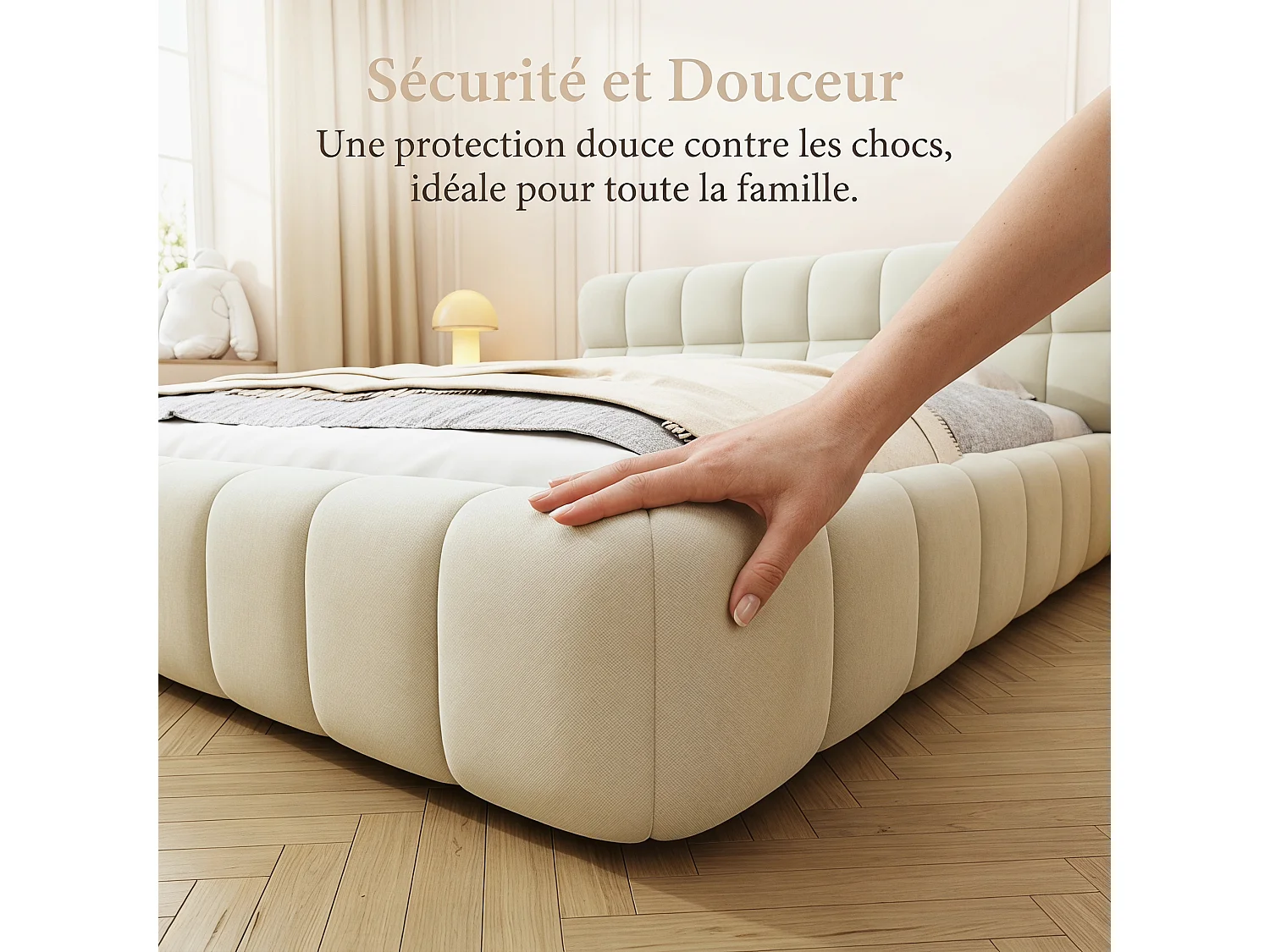 Lit adulte 140x190 cm avec sommier à lattes, tête de lit capitonnée en tissu lin beige, style crème