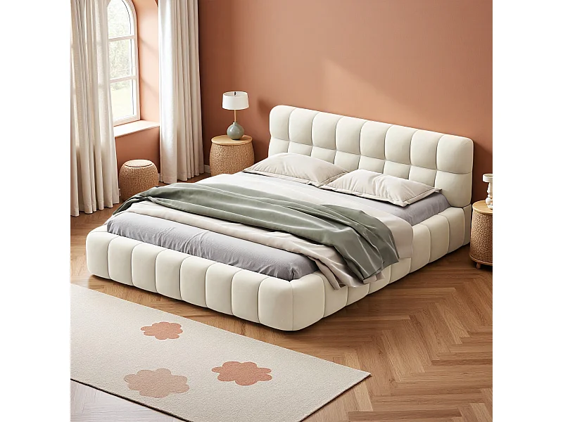 Lit adulte 140x190 cm avec sommier à lattes - NEXU - Style crémeux - lit capitonné en tissu lin 140x190 cm - cadre de lit 140x190 cm - beige