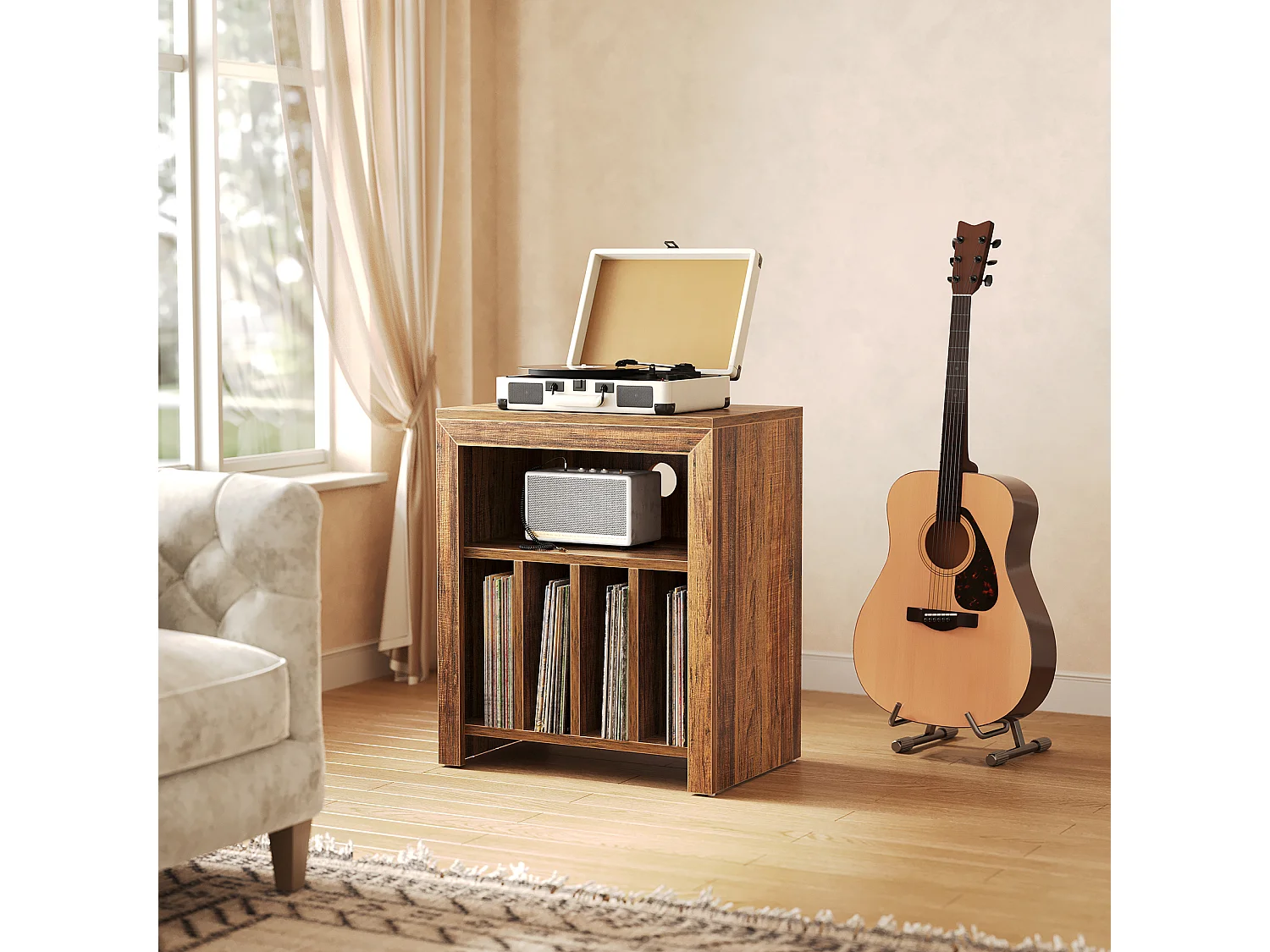 Tavolino laterale stretto, supporto per giradischi, mobiletto portaoggetti per dischi in vinile, supporto per giradischi