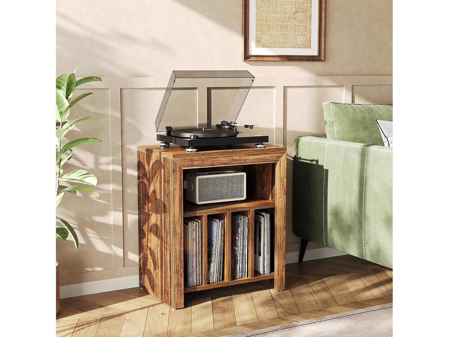 Tavolino laterale stretto, supporto per giradischi, mobiletto portaoggetti per dischi in vinile, supporto per giradischi