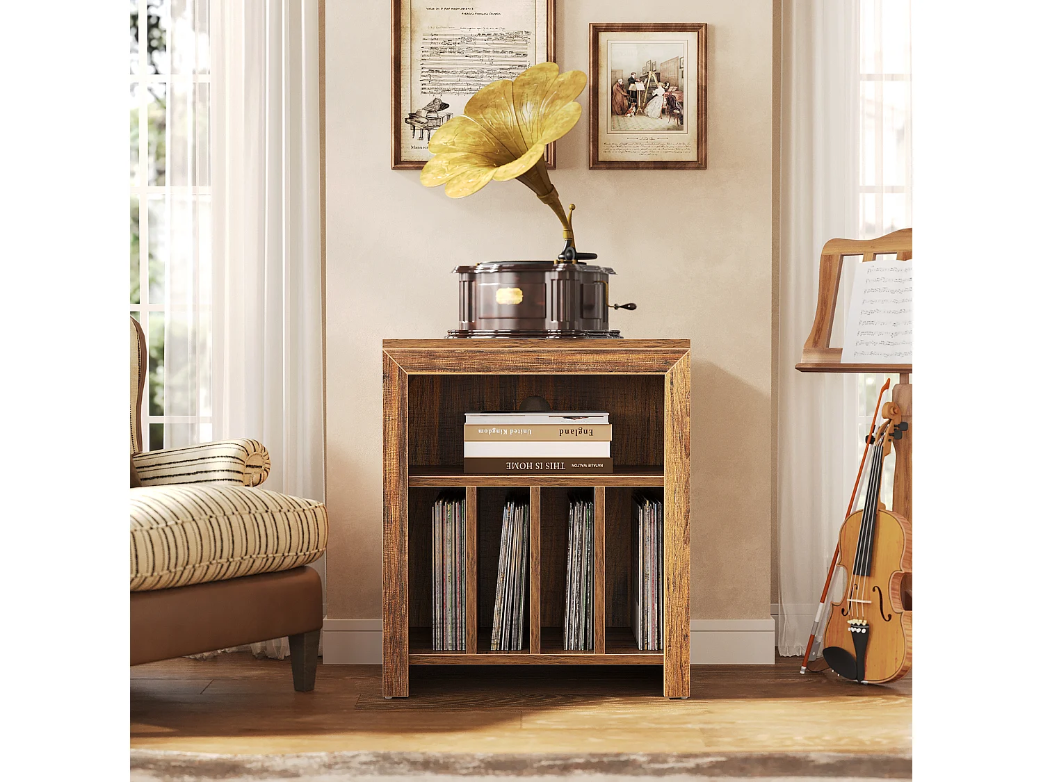 Table d'appoint étroite, support pour platine vinyle, meuble de rangement pour disques vinyles