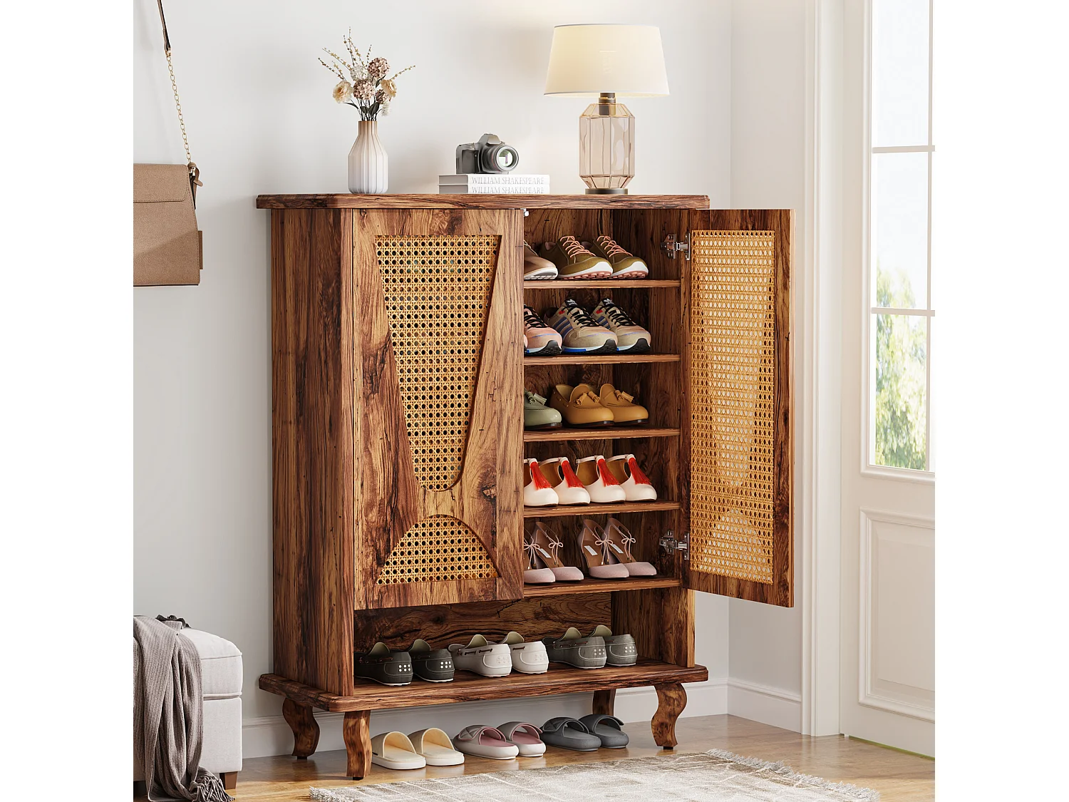 Meuble à chaussures en rotin pour entrée, grand modèle moderne à 5 niveaux, rangement dissimulé pour 25 paires de chaussures