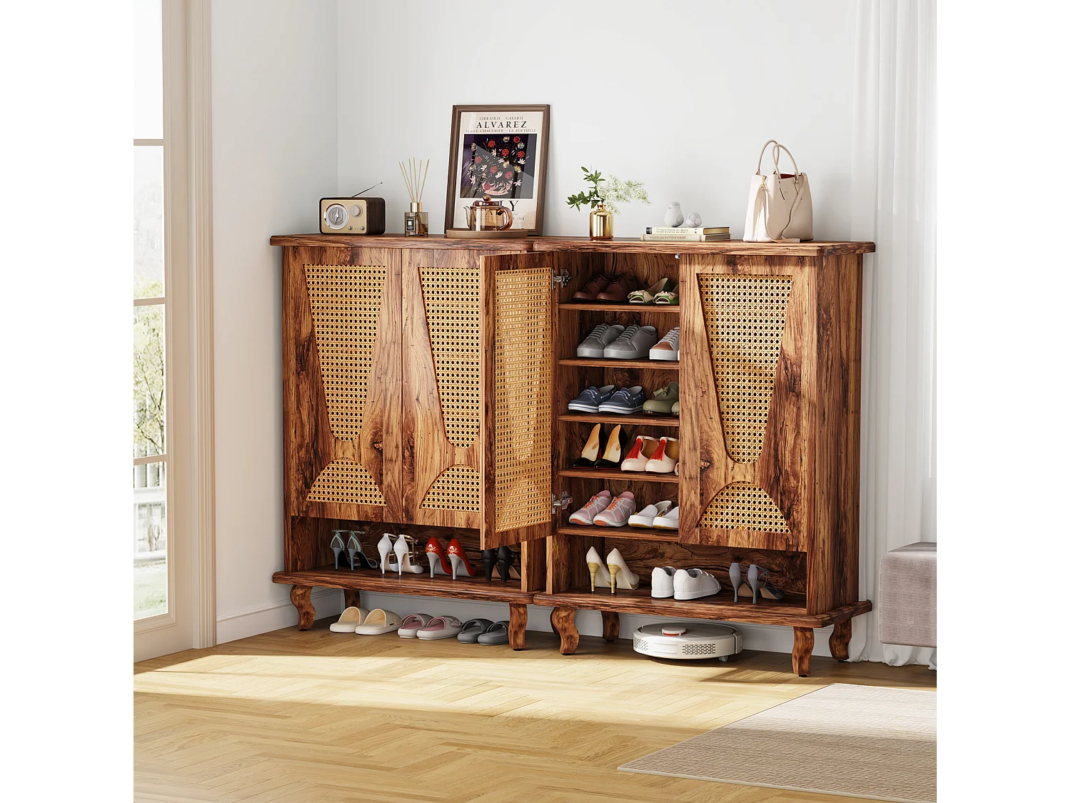 Meuble à chaussures en rotin pour entrée, grand modèle moderne à 5 niveaux, rangement dissimulé pour 25 paires de chaussures