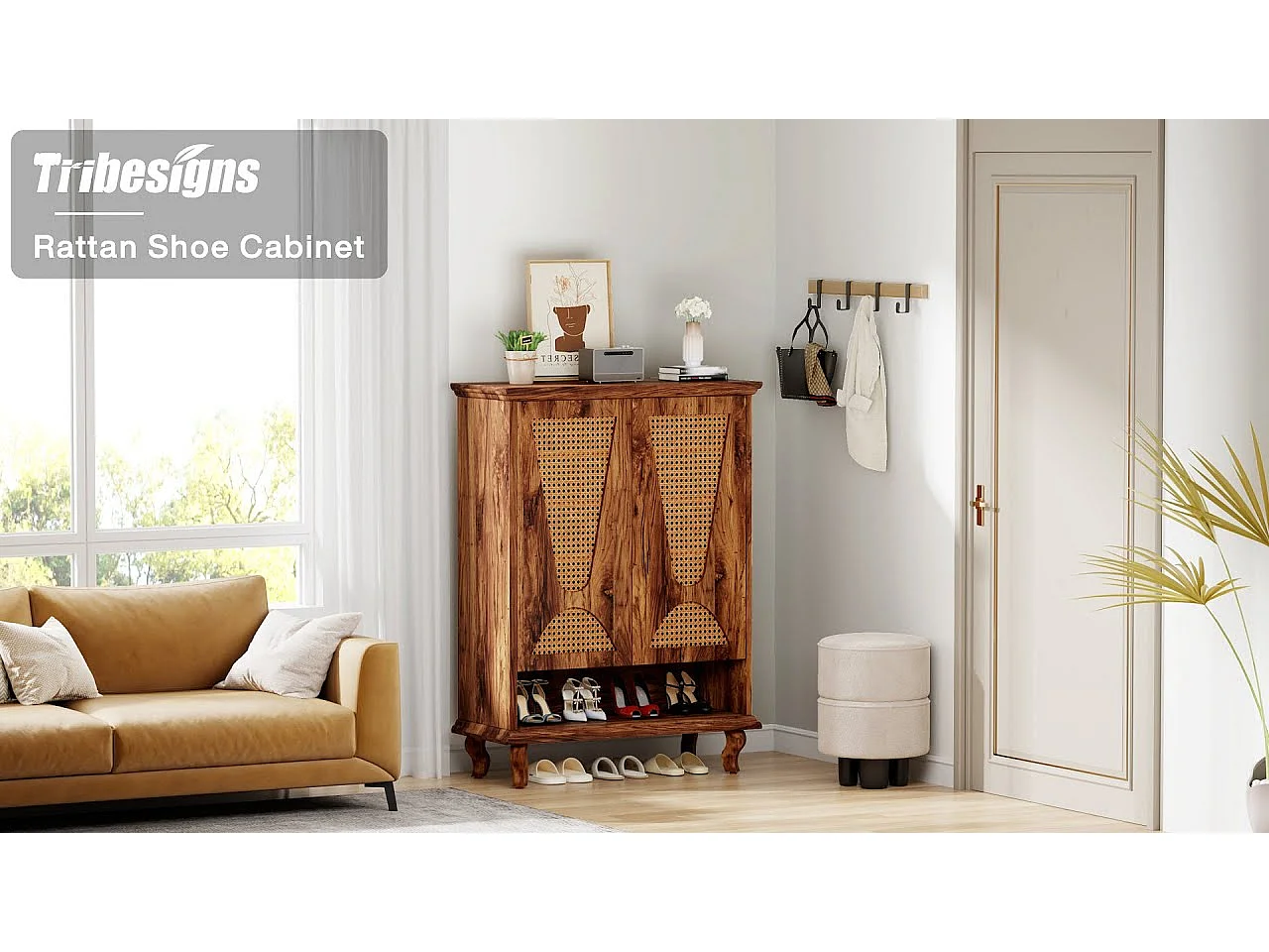 Armario de zapatos de ratán para entrada, organizador de zapatos de 25 pares independiente moderno grande oculto de 5 niveles