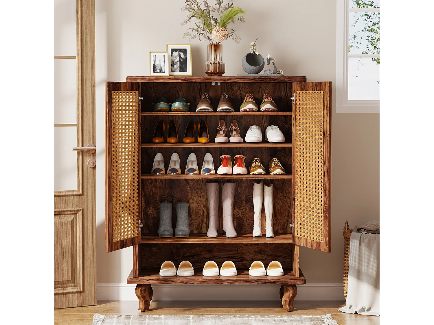 Meuble à chaussures en rotin pour entrée, grand modèle moderne à 5 niveaux, rangement dissimulé pour 25 paires de chaussures