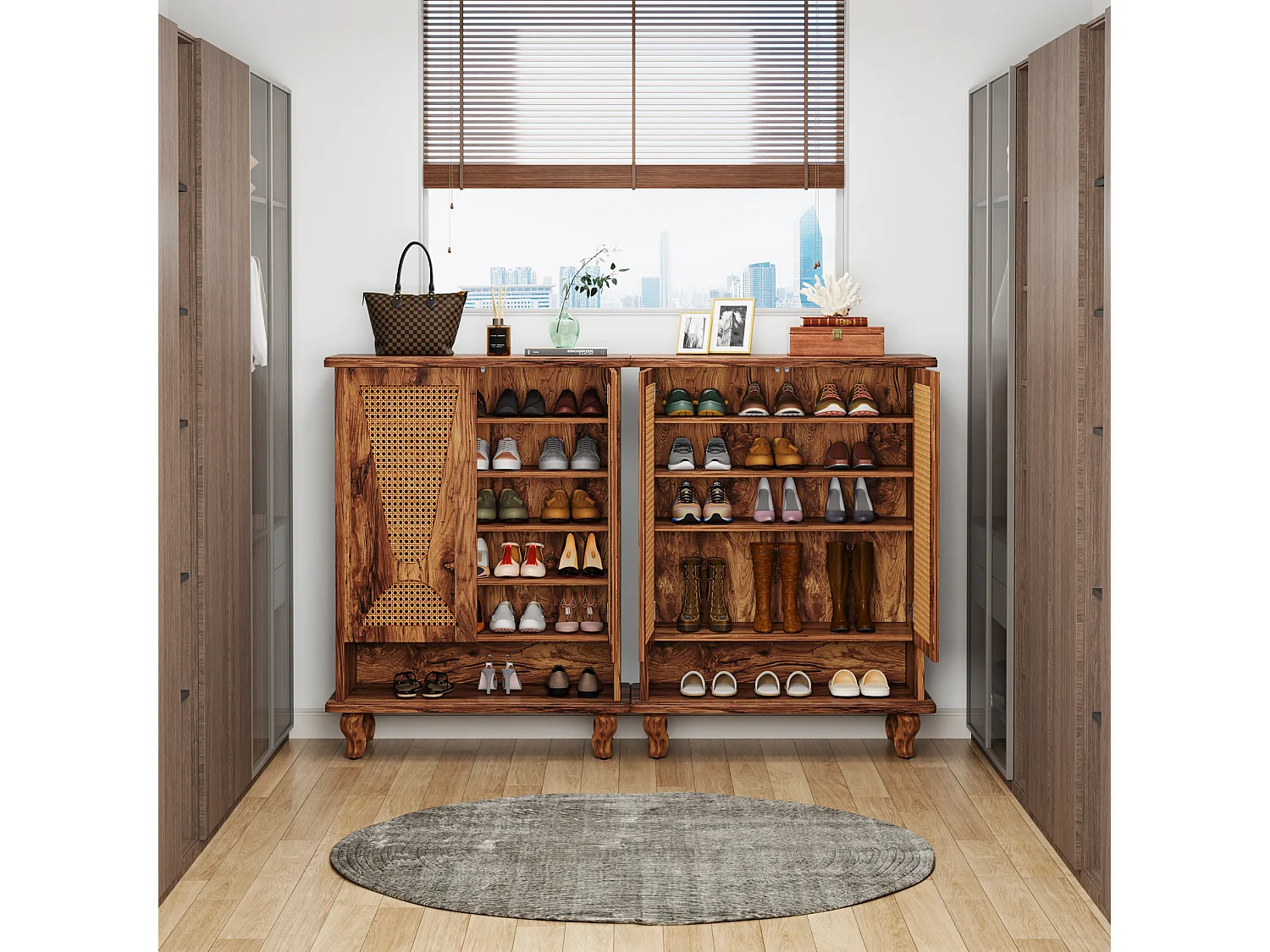 Meuble à chaussures en rotin pour entrée, grand modèle moderne à 5 niveaux, rangement dissimulé pour 25 paires de chaussures
