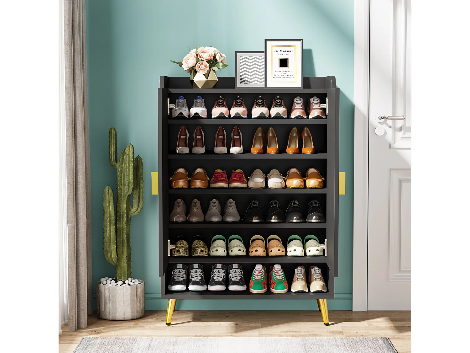 Meuble à chaussures avec portes, meuble de rangement à chaussures à 6 niveaux avec étagères réglables