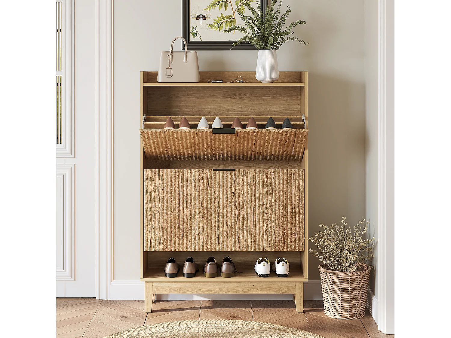 Schuhschrank mit 2 Klappfächern, versteckter Schuheaufbewahrung mit offenem Fach