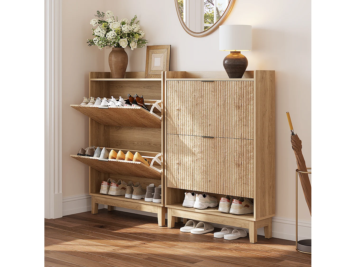 Schuhschrank mit 2 Klappfächern, versteckter Schuheaufbewahrung mit offenem Fach