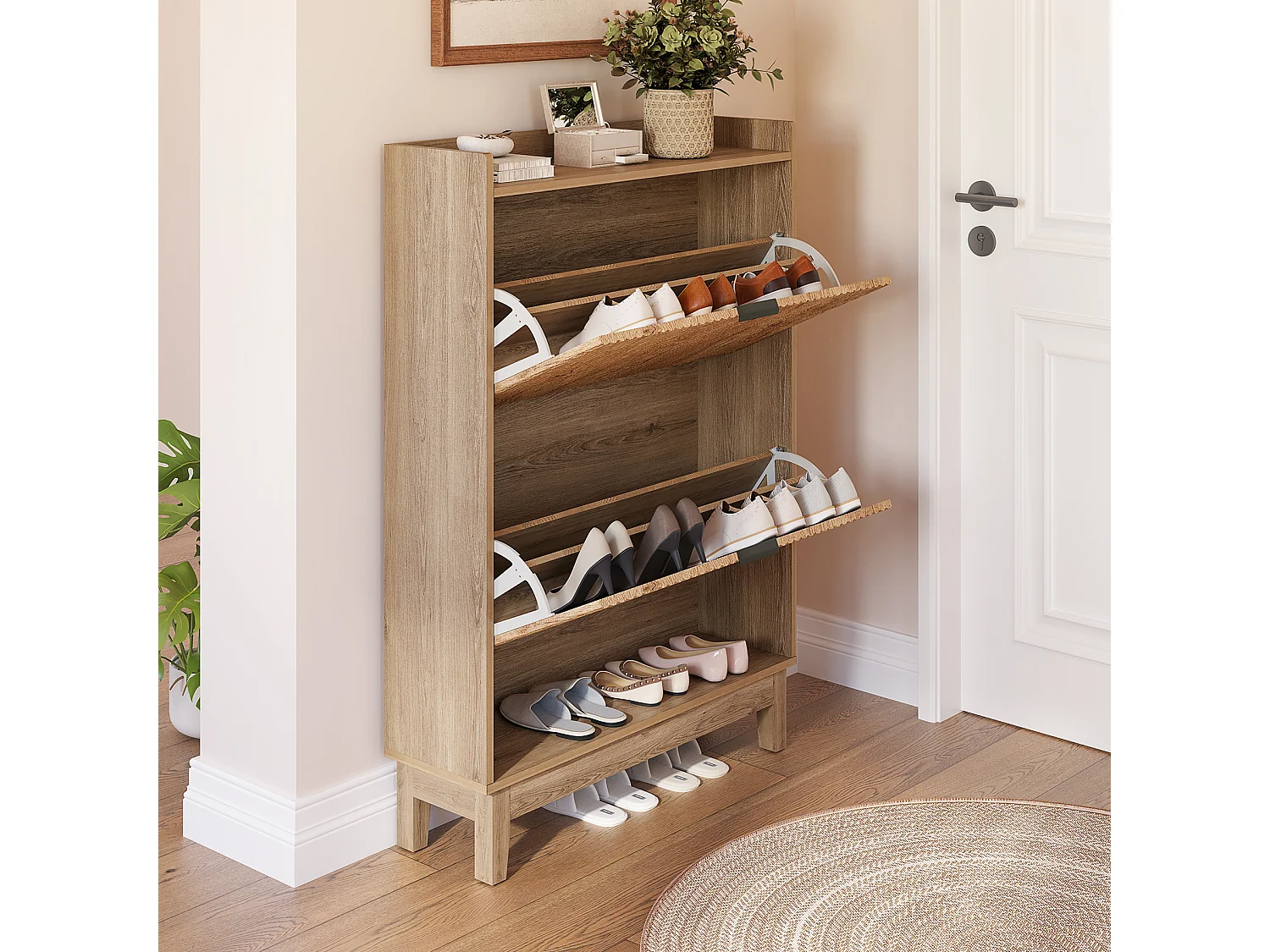 Szafka na buty z 2 wysuwanymi szufladami, ukrytym schowkiem na buty i otwartą półką