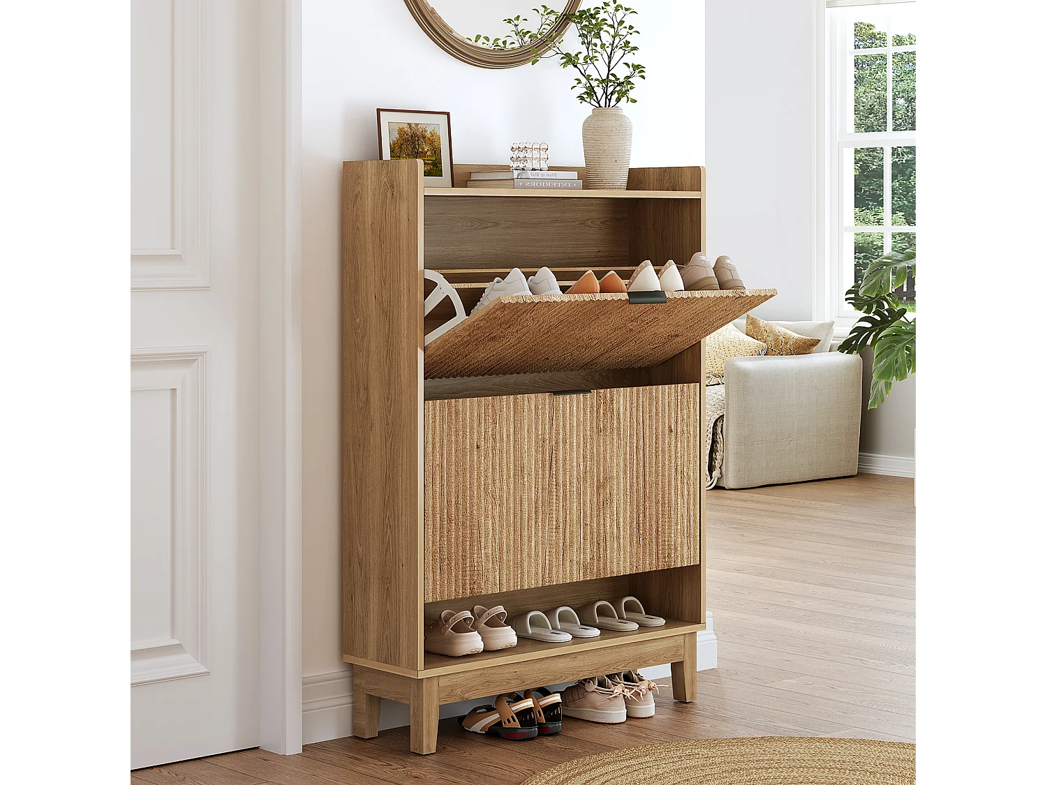 Szafka na buty z 2 wysuwanymi szufladami, ukrytym schowkiem na buty i otwartą półką