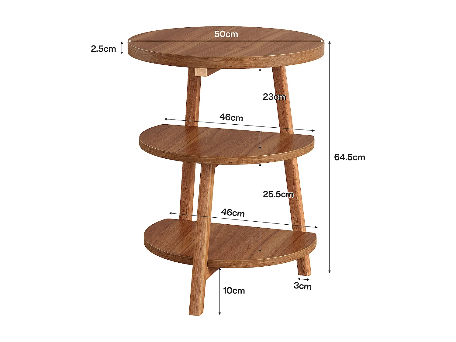 3-Schicht-Rundes Nachttisch mit Ablageschränken, 50cm-Nachttisch für kleine Räume