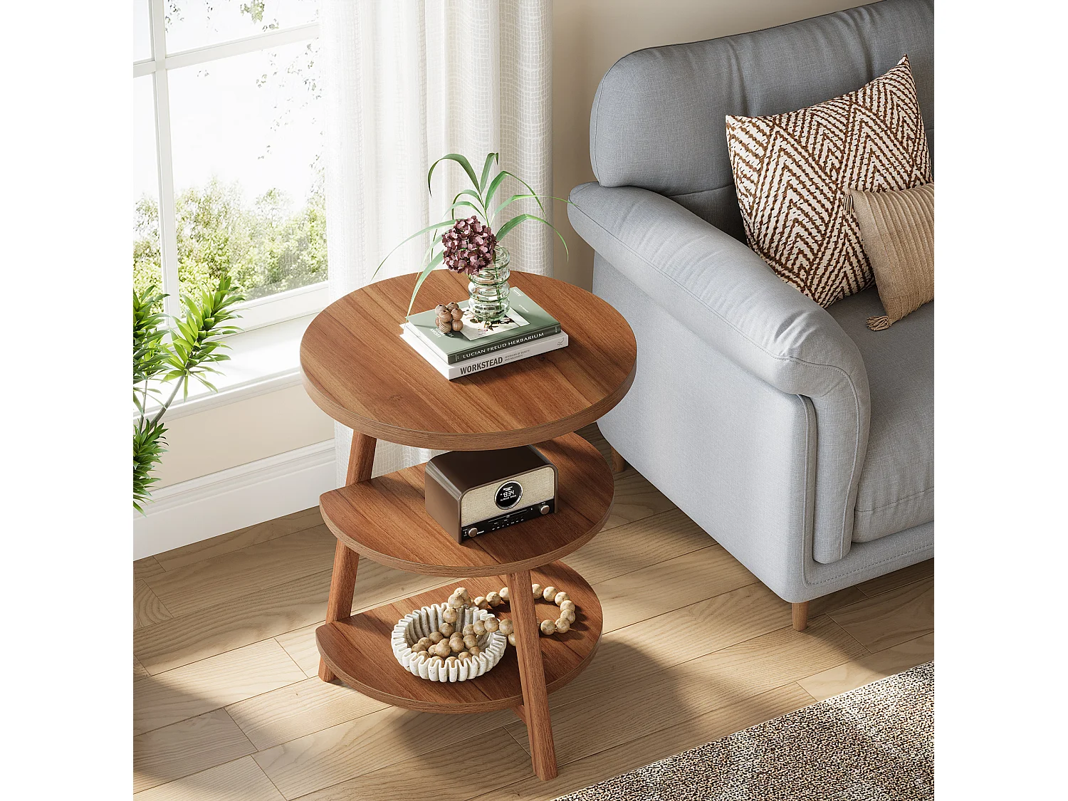 3-Schicht-Rundes Nachttisch mit Ablageschränken, 50cm-Nachttisch für kleine Räume