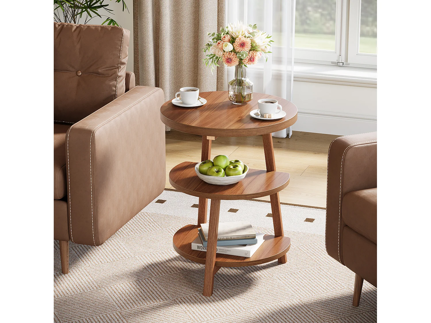 3-Schicht-Rundes Nachttisch mit Ablageschränken, 50cm-Nachttisch für kleine Räume