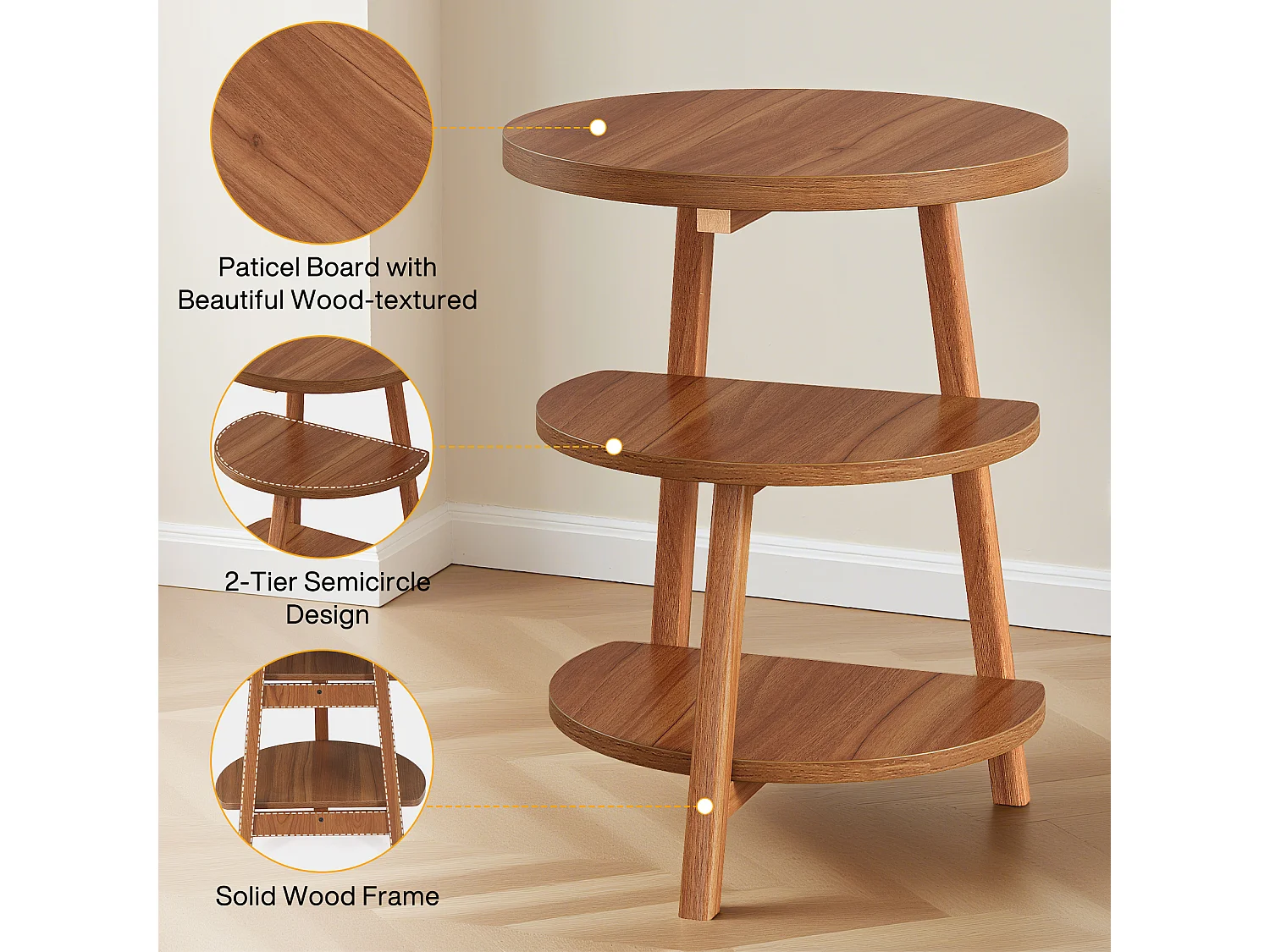 3-Schicht-Rundes Nachttisch mit Ablageschränken, 50cm-Nachttisch für kleine Räume