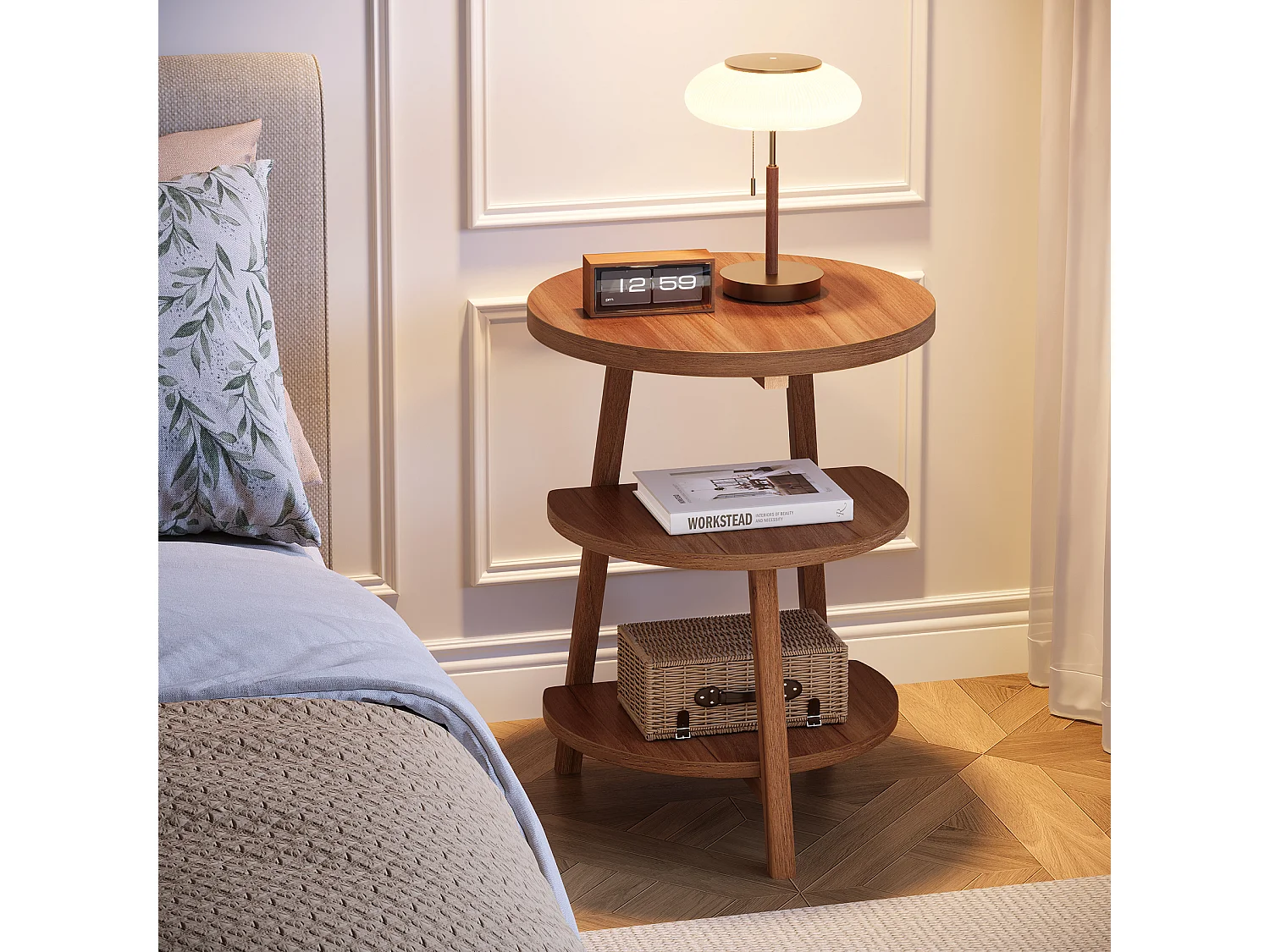 3-Schicht-Rundes Nachttisch mit Ablageschränken, 50cm-Nachttisch für kleine Räume