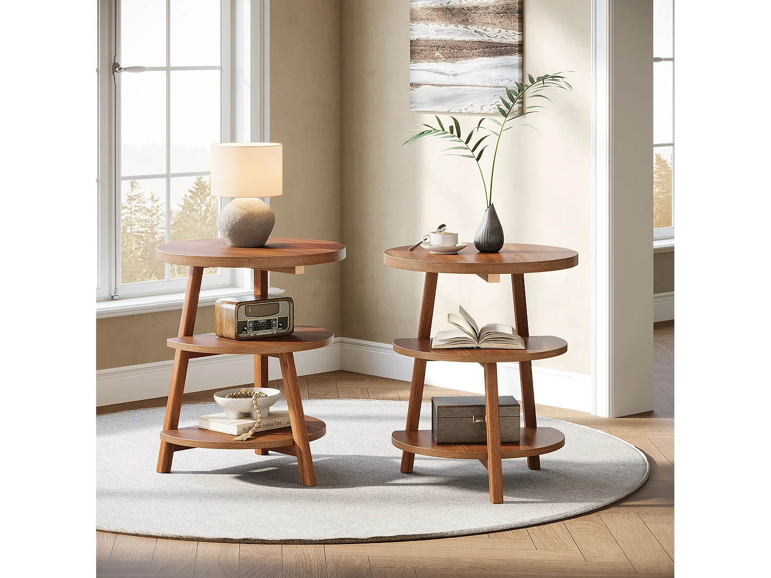 3-Schicht-Rundes Nachttisch mit Ablageschränken, 50cm-Nachttisch für kleine Räume