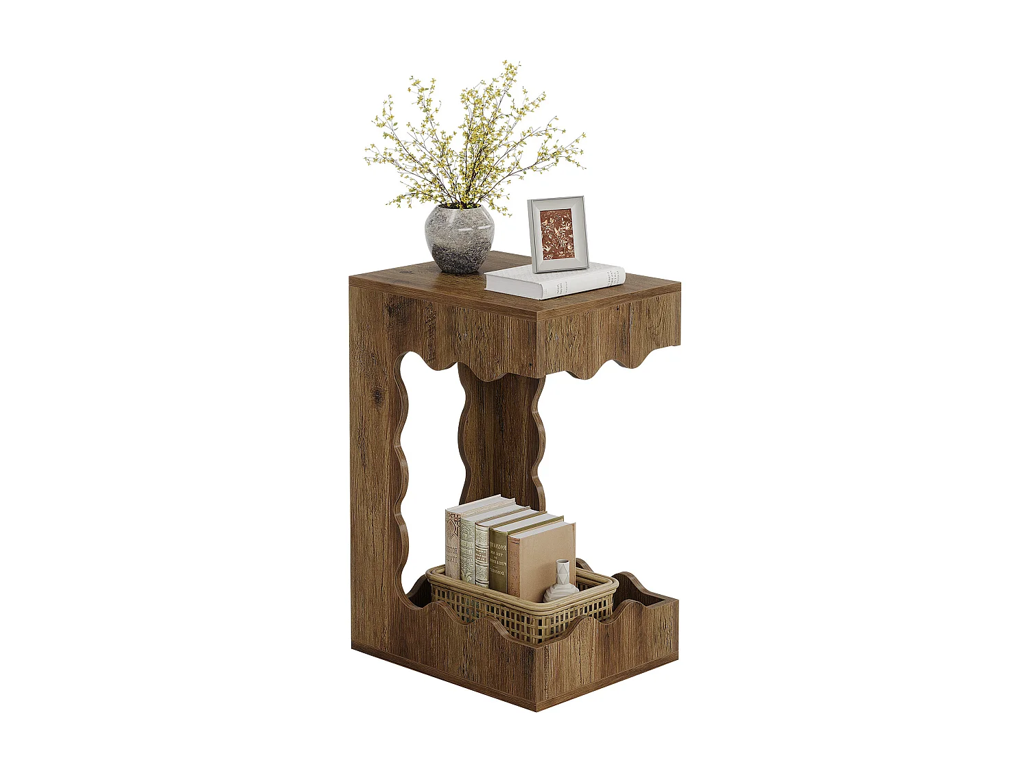 Table d'appoint étroite, table de chevet à deux niveaux en forme de C pour salon, table de nuit de style campagnard pour chambre à coucher