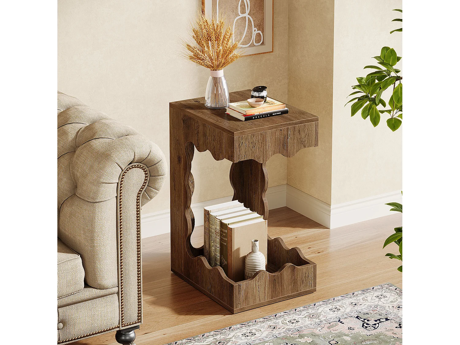 Table d'appoint étroite, table de chevet à deux niveaux en forme de C pour salon, table de nuit de style campagnard pour chambre à coucher