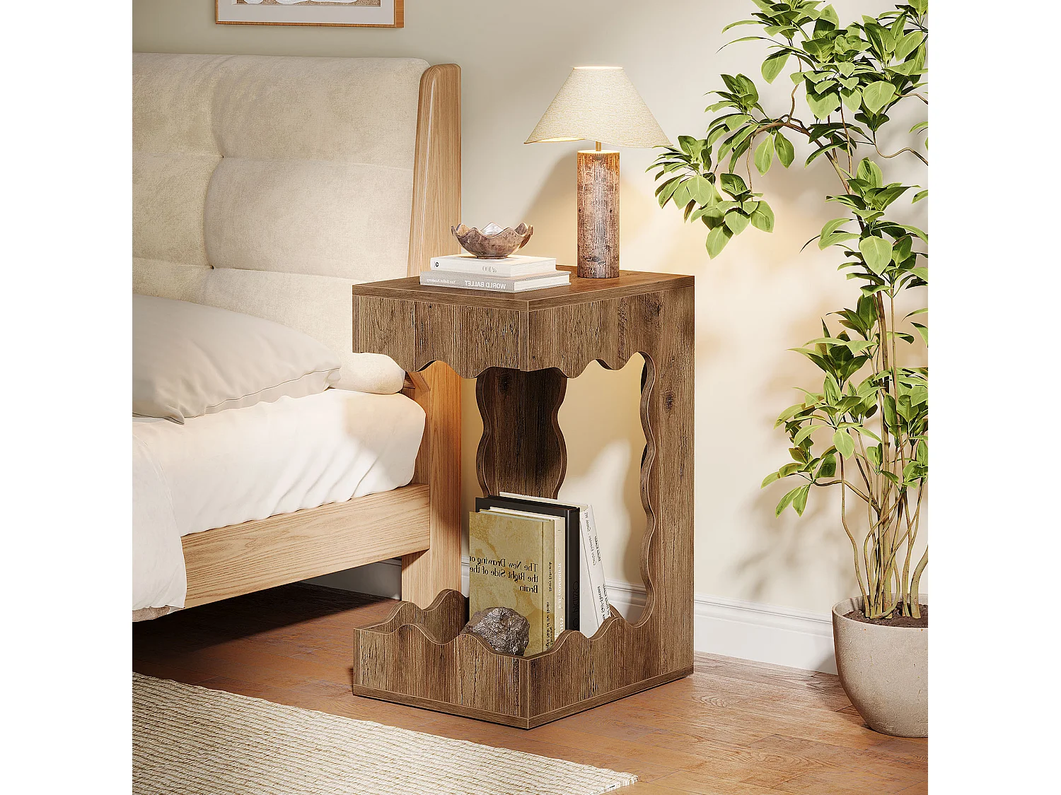 Table d'appoint étroite, table de chevet à deux niveaux en forme de C pour salon, table de nuit de style campagnard pour chambre à coucher