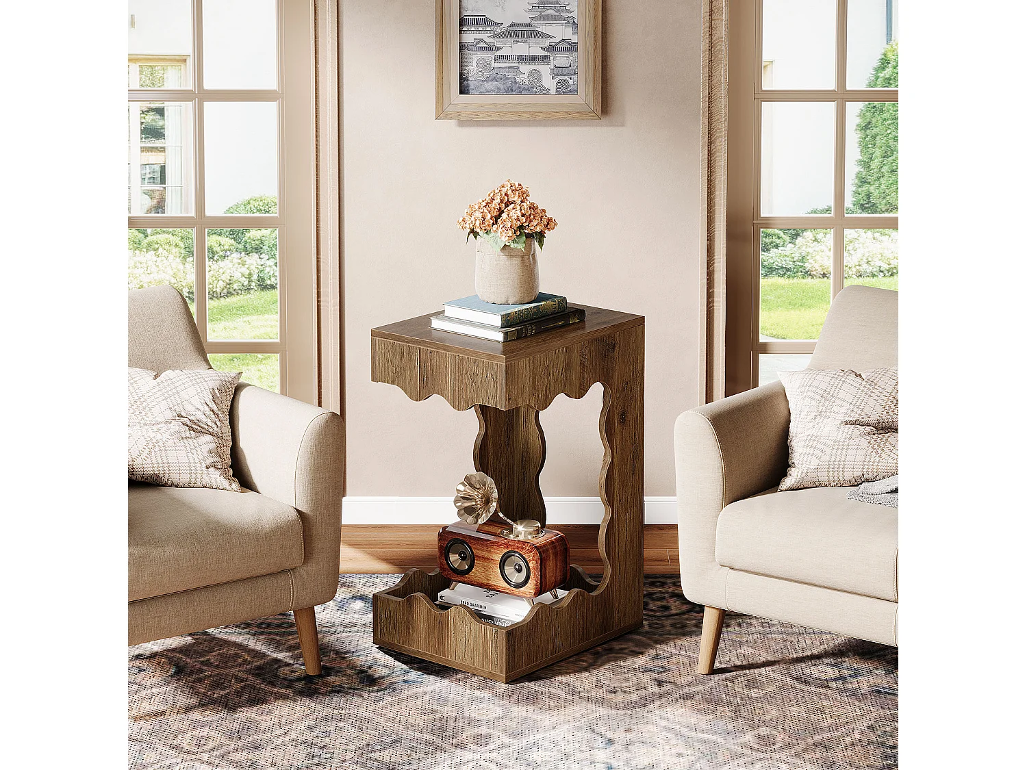 Table d'appoint étroite, table de chevet à deux niveaux en forme de C pour salon, table de nuit de style campagnard pour chambre à coucher