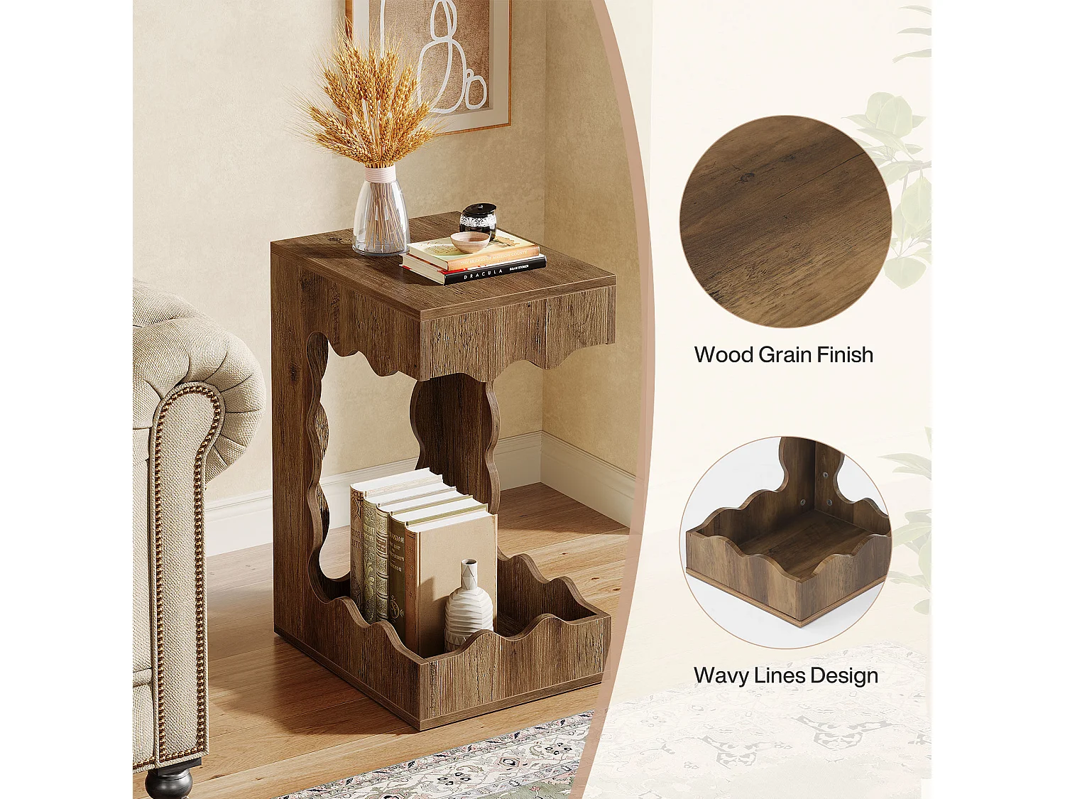 Table d'appoint étroite, table de chevet à deux niveaux en forme de C pour salon, table de nuit de style campagnard pour chambre à coucher