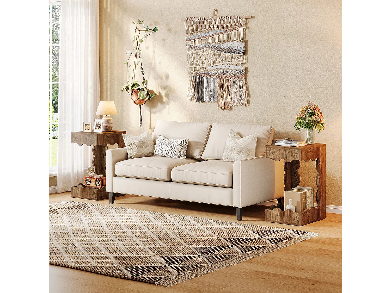 Table d'appoint étroite, table de chevet à deux niveaux en forme de C pour salon, table de nuit de style campagnard pour chambre à coucher