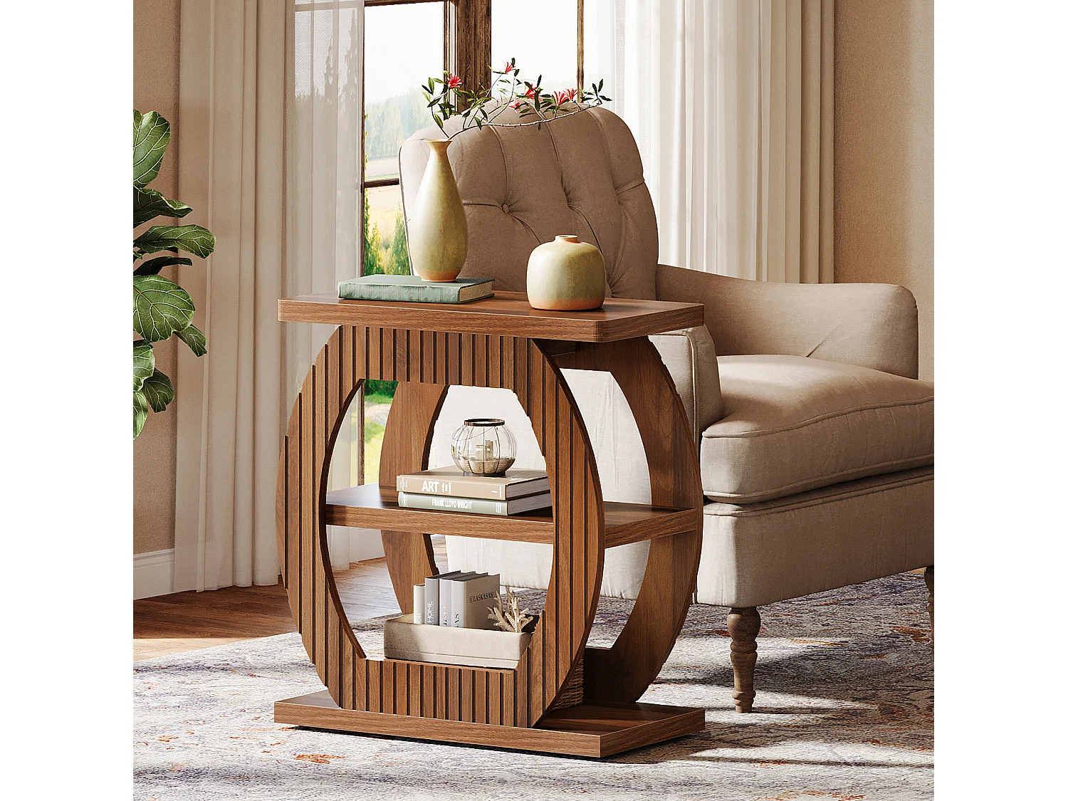 Nebentisch für das Wohnzimmer, 60 cm hohe Beistelltisch mit 3-stufigen Ablageschränken