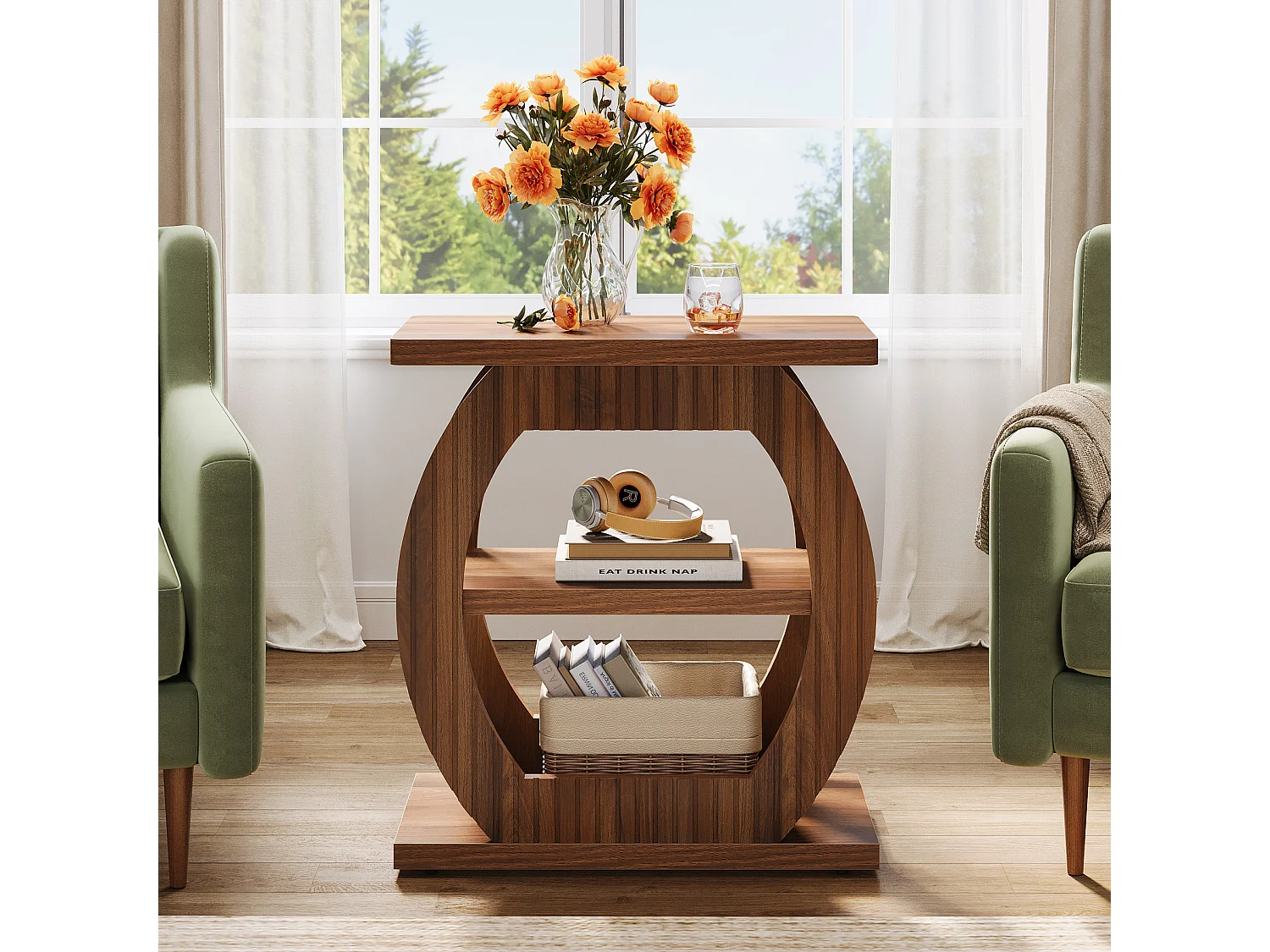 Nebentisch für das Wohnzimmer, 60 cm hohe Beistelltisch mit 3-stufigen Ablageschränken