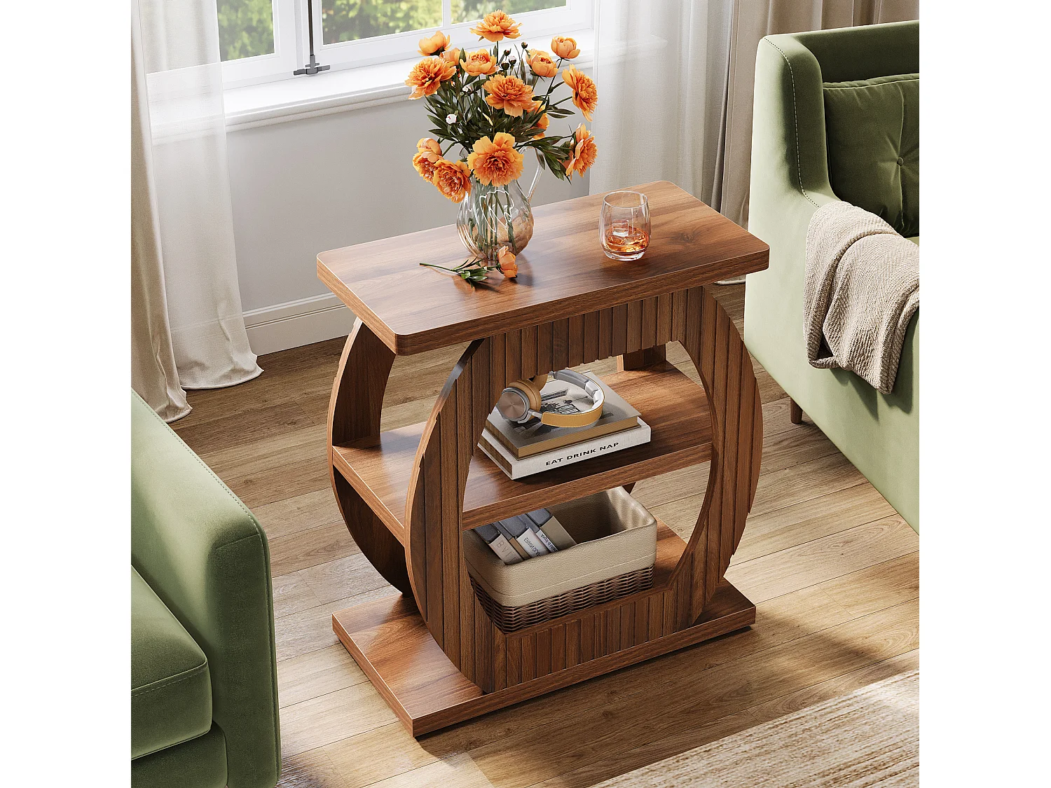 Nebentisch für das Wohnzimmer, 60 cm hohe Beistelltisch mit 3-stufigen Ablageschränken