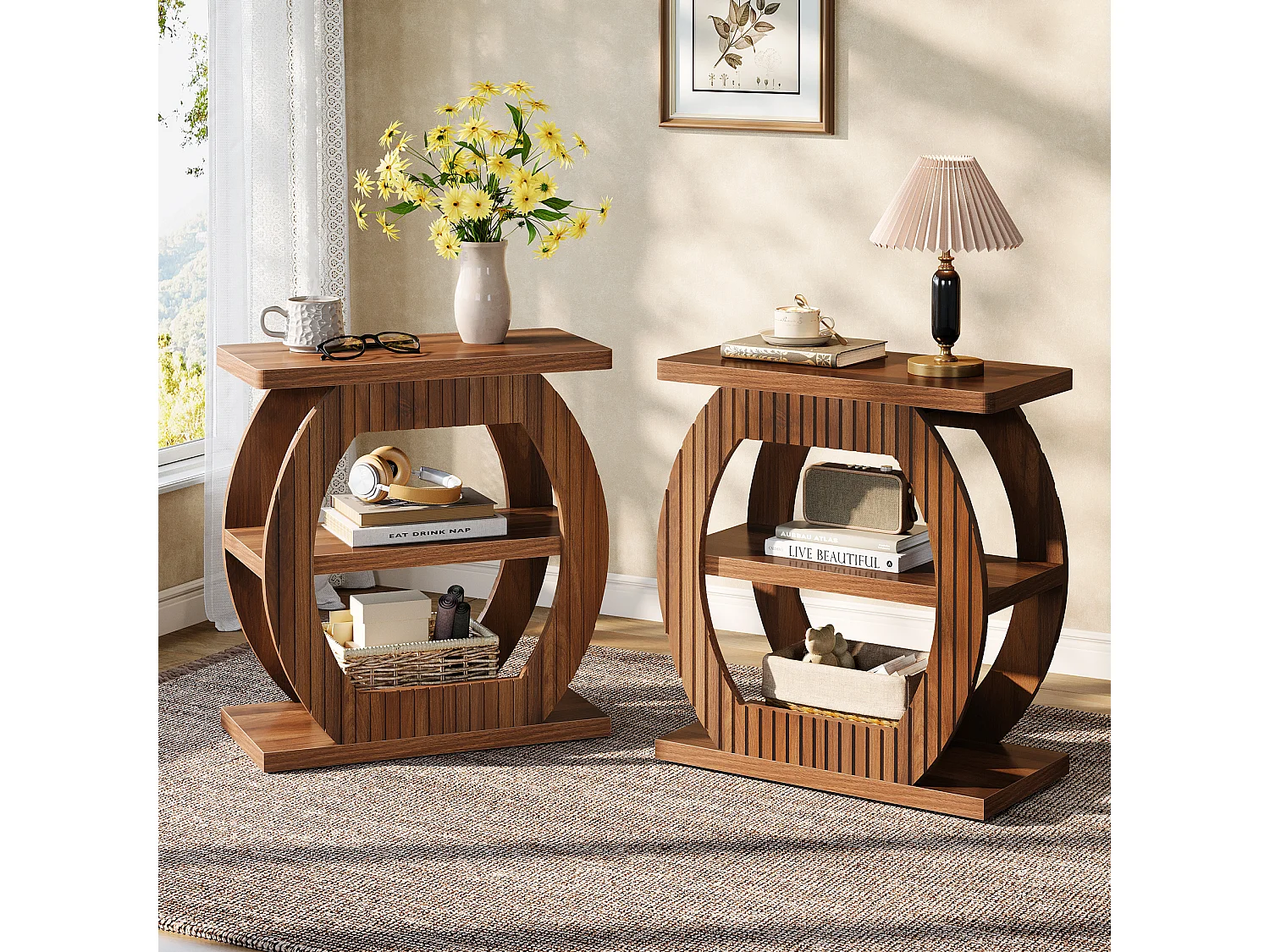 Nebentisch für das Wohnzimmer, 60 cm hohe Beistelltisch mit 3-stufigen Ablageschränken