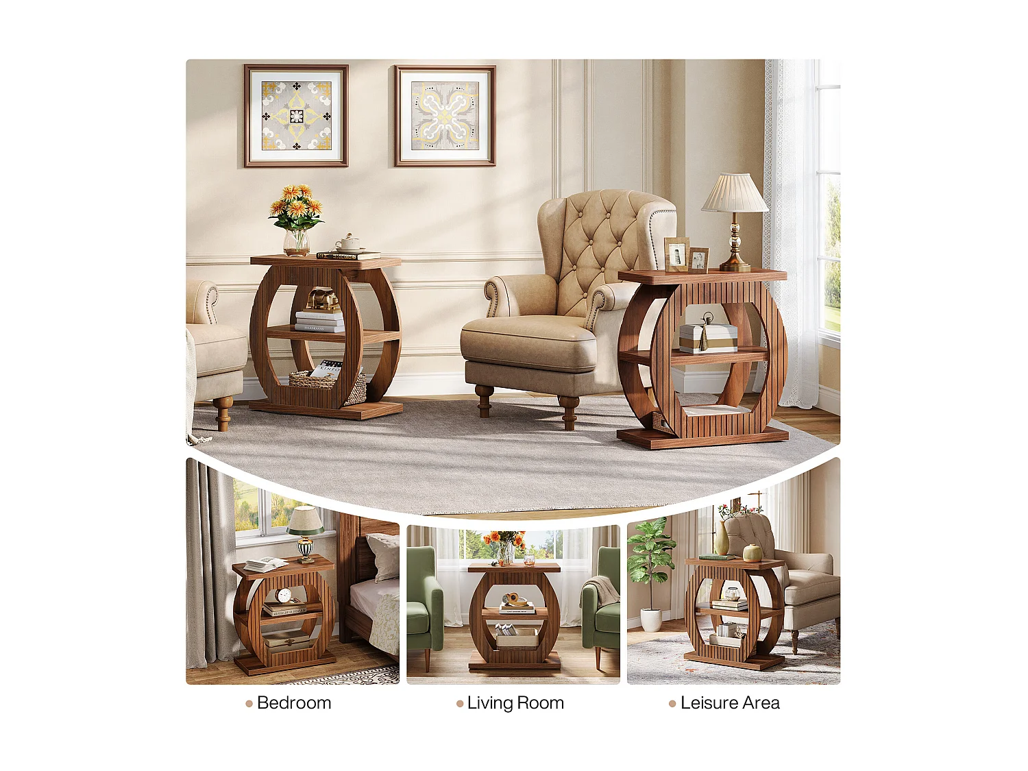 Nebentisch für das Wohnzimmer, 60 cm hohe Beistelltisch mit 3-stufigen Ablageschränken