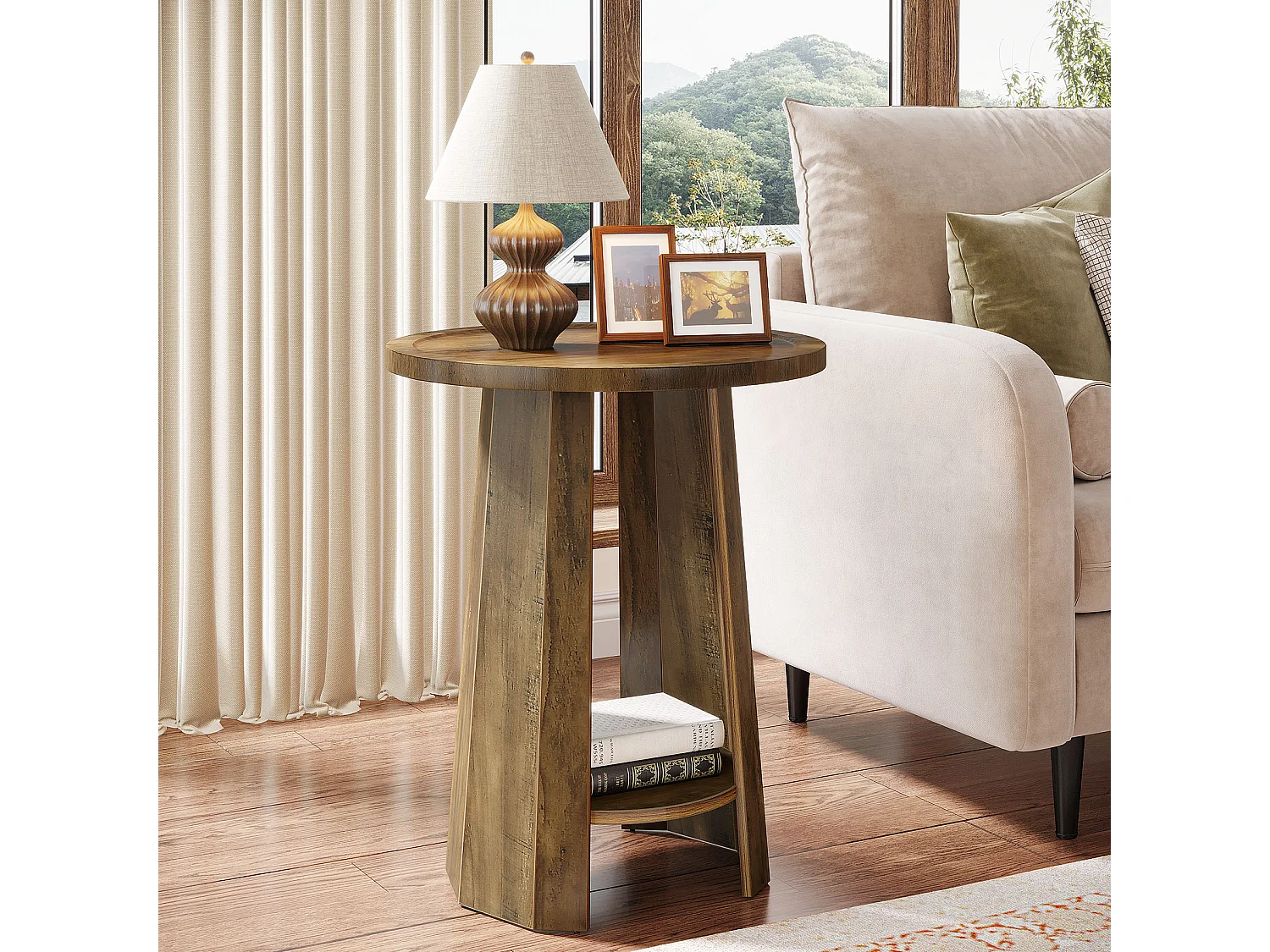 Runder Endtisch, Beistelltisch mit unterem Fach, dekoratives Nachttischmöbel für kleine Räume