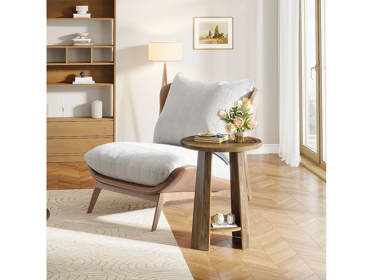 Runder Endtisch, Beistelltisch mit unterem Fach, dekoratives Nachttischmöbel für kleine Räume