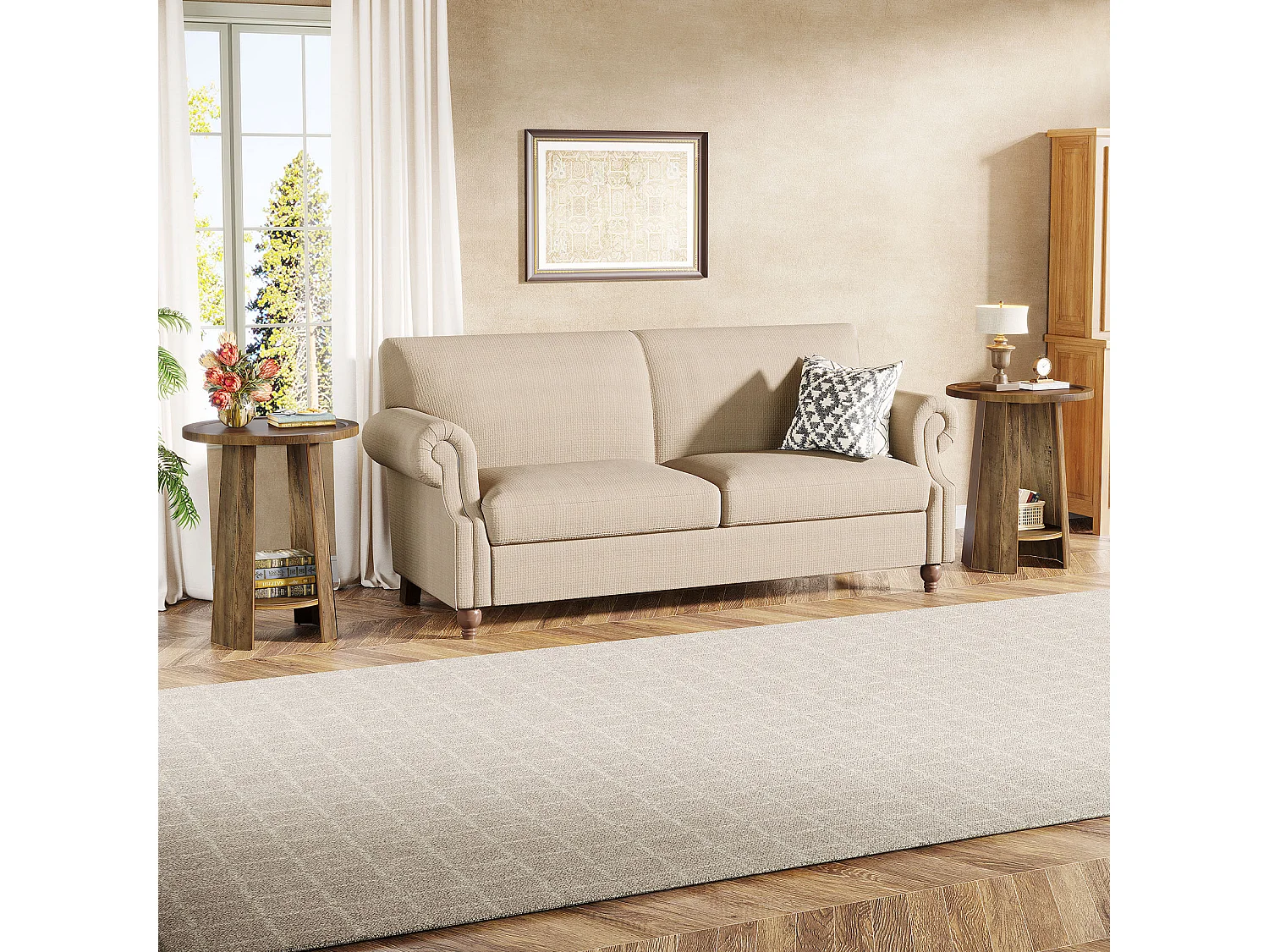 Runder Endtisch, Beistelltisch mit unterem Fach, dekoratives Nachttischmöbel für kleine Räume