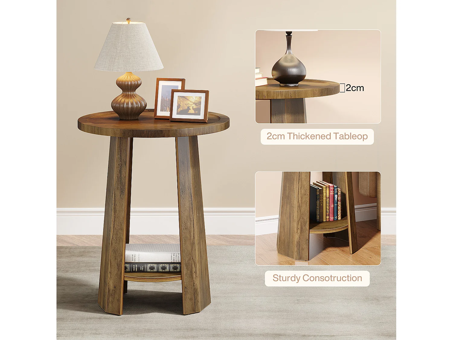 Table d'appoint ronde, table de chevet avec étagère inférieure, meuble d'appoint pour petits espaces