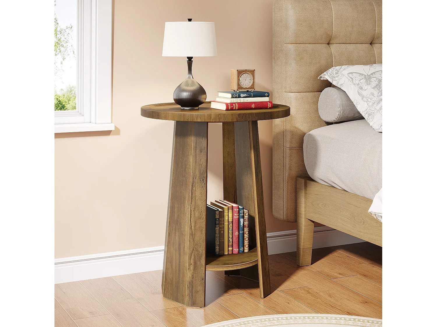 Table d'appoint ronde, table de chevet avec étagère inférieure, meuble d'appoint pour petits espaces