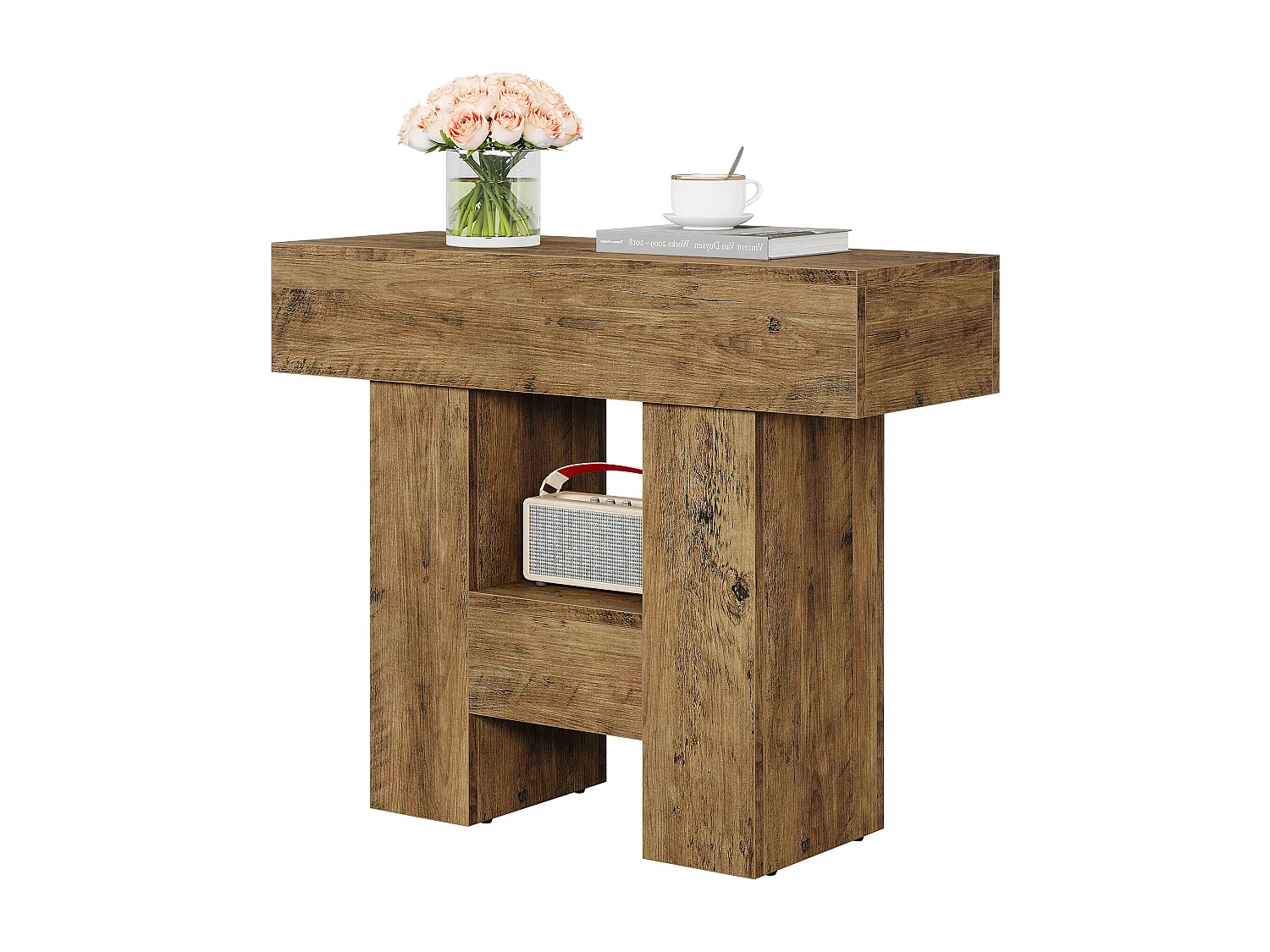 Schmale Beistelltisch, Landhausstil Sofaseitentisch mit 2-stufiger Ablageplattform