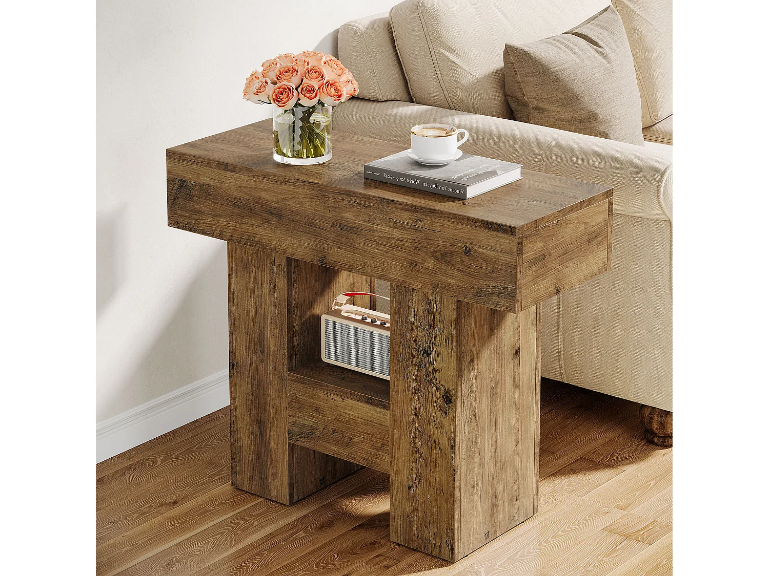 Schmale Beistelltisch, Landhausstil Sofaseitentisch mit 2-stufiger Ablageplattform