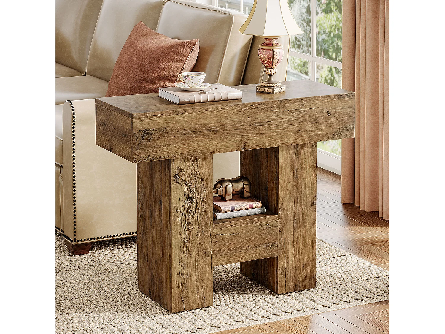 Schmale Beistelltisch, Landhausstil Sofaseitentisch mit 2-stufiger Ablageplattform