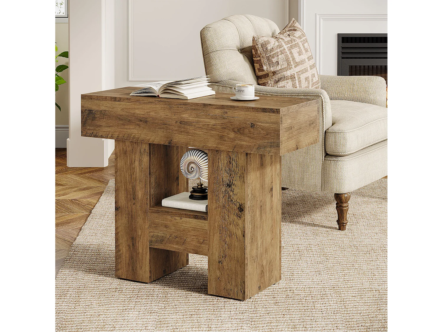 Schmale Beistelltisch, Landhausstil Sofaseitentisch mit 2-stufiger Ablageplattform